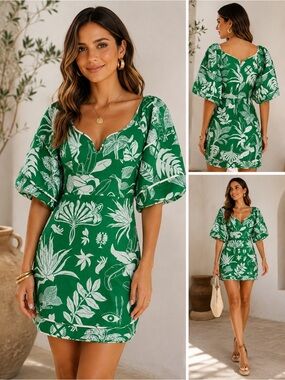 FARM Rio Green Botanical Linen Mini Dress Puff Sleeve Tropical Resort